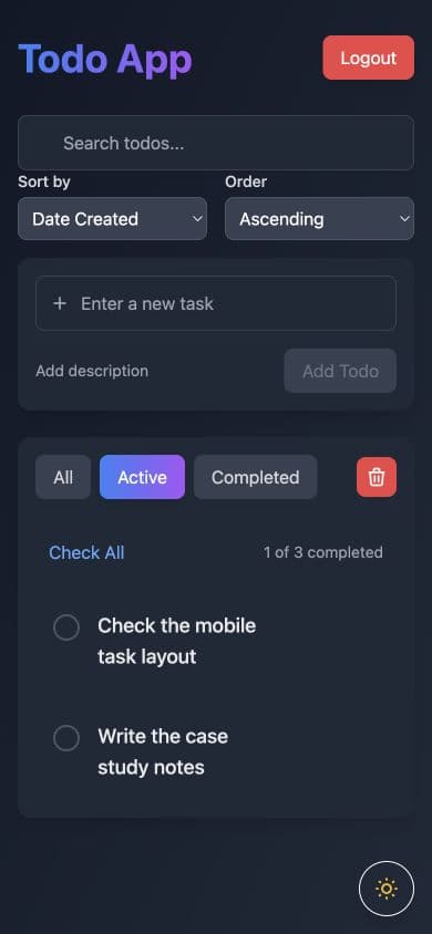 Todo mobile interface filtered to two active sample tasks